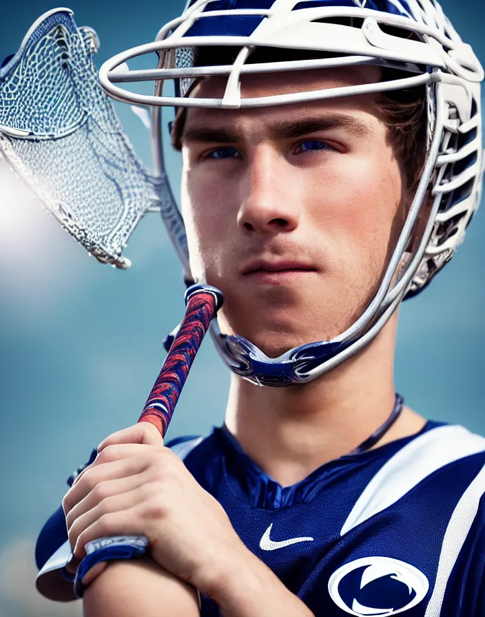 Image similar to closeup portrait of very beautiful cute male lacrosse player in a penn state stadium, glamour pose, particle effects, backlit, highly detailed, soft ambient lighting, sharp focus, rule of thirds, artgerm, wlop, arney freytag, rossdraws, frank frazetta, andrei riabovitchev, hd, octane, 4 k