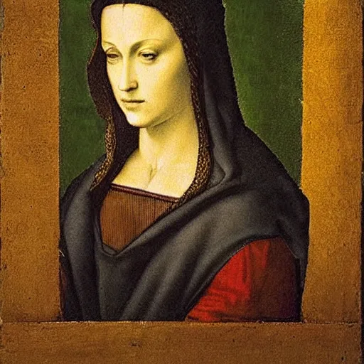 Prompt: a portrait of madonna, art by leonardo da vinci