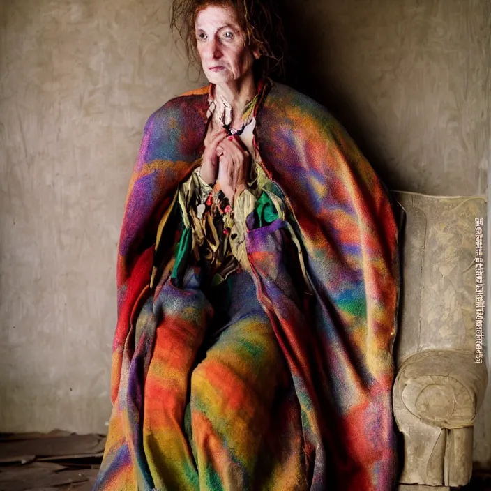 Prompt: closeup portrait of a woman with a cloak made of rainbows, sitting in a chair in an abandoned house, by Annie Leibovitz and Steve McCurry, natural light, detailed face, CANON Eos C300, ƒ1.8, 35mm, 8K, medium-format print