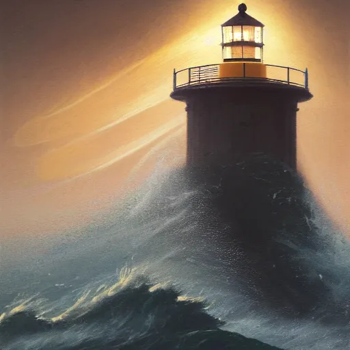 Prompt: 4k painting of a single lighthouse projecting light into a tumultuous ocean, huge waves,epic , trending on artstation, by WLOP and Rutkovsky, beksinski, intricate artwork by caravaggio, Unreal Engine 5, Lumen, Nanite , by Greg rutkowski, highly detailed , professionally post-processed , beautiful, scary, accurate features, epic, octane rendered, masterpiece, accurate