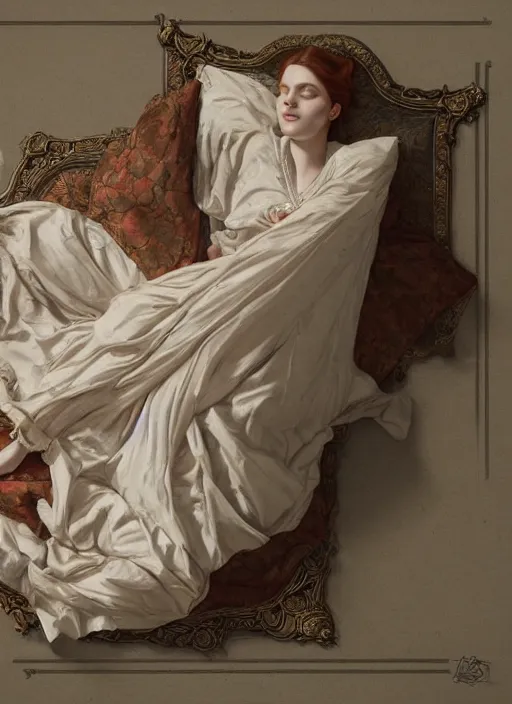 Prompt: top view of a queen lying sleepless on royal bed, in the style of charles sillem lidderdale, in the style of greg rutkowski, artstation, high quality art