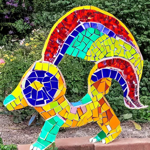 Prompt: mosaic sculpture of a alebrije chimera, irregularly shaped mosaic tiles, hand glazed pottery shards, in the style of folk art, in a cottagecore flower garden
