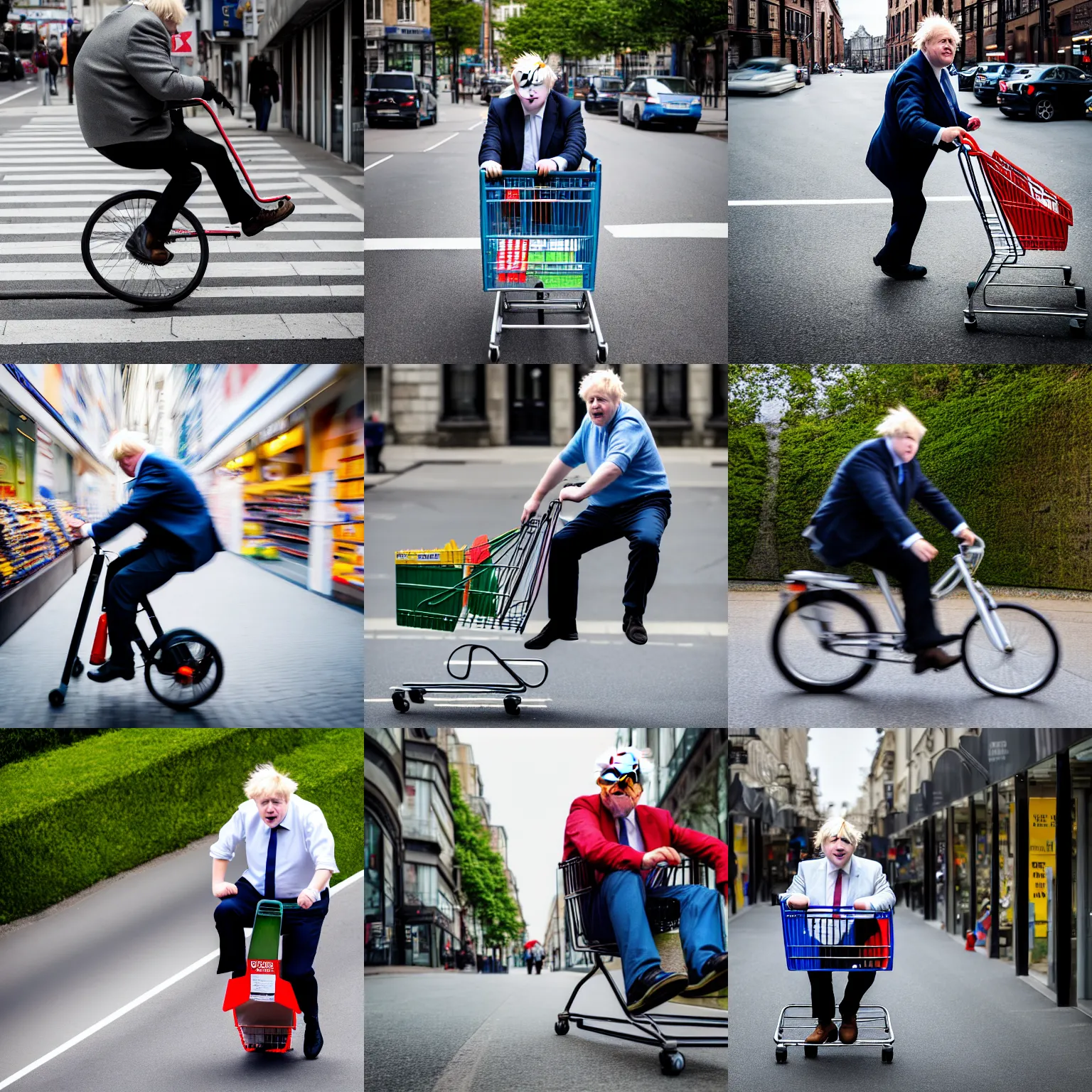 Prompt: very steep incline | excited boris johnson sitting in a shopping cart rolling downhill | xf iq 4, f / 1. 4, iso 2 0 0, 1 / 1 6 0 s, 8 k, raw, unedited, symmetrical balance, in - frame