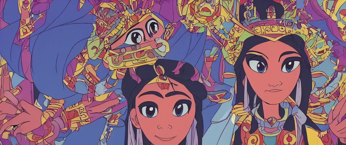 Prompt: Aztec Disney princess by Glen Keane, Disney 2D Traditional Animation, Semi Realistic Anime, symmetrical face, beautiful eyes, Disney Renaissance film, Cel Shaded, Studio Ghibli, cinematic, widescreen, 4K