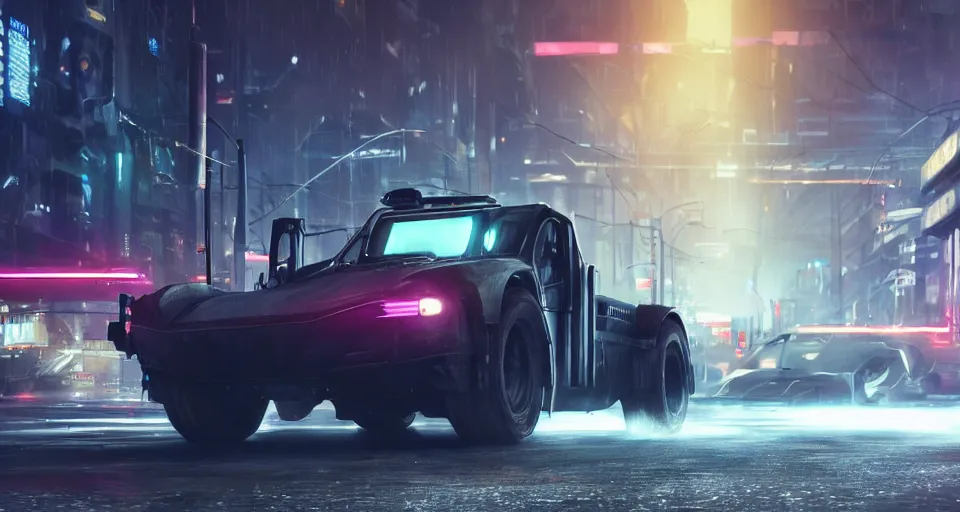 Image similar to closeup photo of combat tesla cybertruck driving on wet dystopian cyberpunk city streets at night, mad max, action, speed, volumetric lighting, hdr, need for speed, gta 5, forza, makoto shinkai, syd mead, craig mullins, cinematic, fast and furious, blade runner, octane, 8 k, iso 1 0 0, 1 2 mm