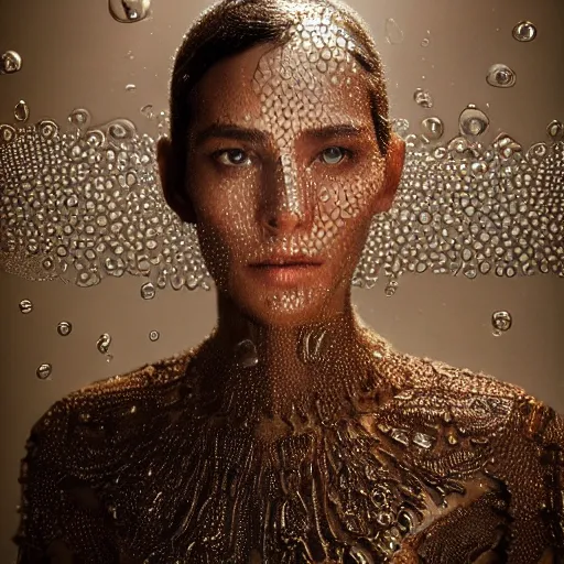 Image similar to full shot of a regal brown woman wearing an intricate and detailed armor made of thousands of dew drops. refracted light. reflections. morning dew.. delicate. translucent. no makeup!! haunting eyes. vulnerable. fragile. ethereal. refracted light. by louise dahl - wolfe. by michal karcz. octane render