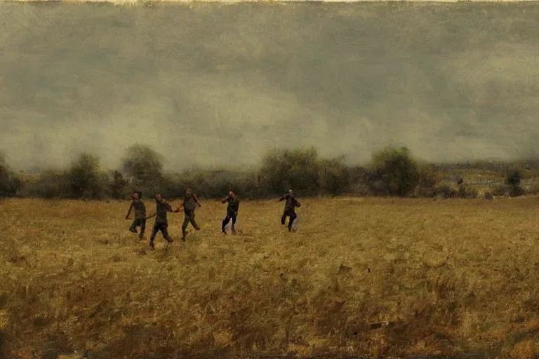 Image similar to a group of men running across a field, a matte painting by anton mauve, featured on cgsociety, remodernism, matte painting, # vfxfriday, matte drawing