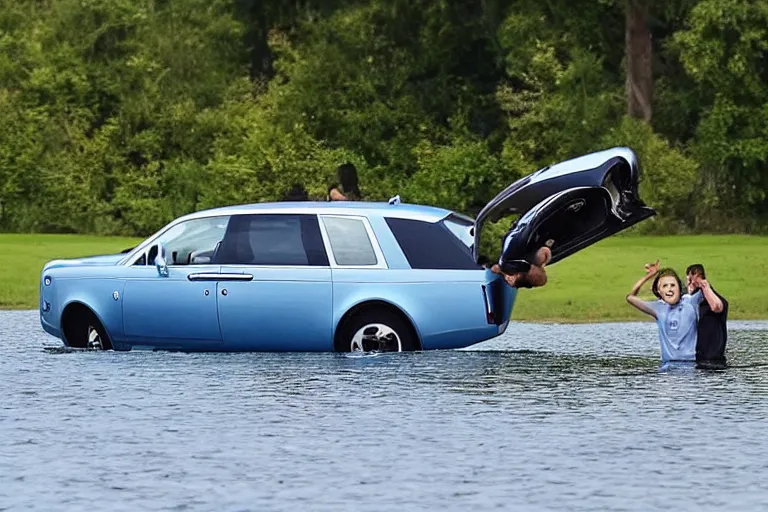 Image similar to Teenagers push Rolls-Royce into lake with their hands from a small slide wanting to drown him