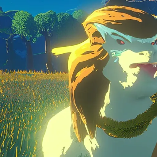 Prompt: “ a still of a donald trump divine beast in breath of the wild ”