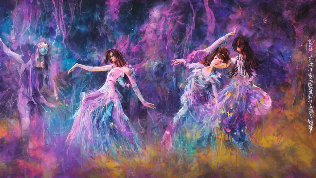 Image similar to beautiful and detailed soft painting of two people dressed as gen z dancing togheter in a nightclub enveloped in trails of colorful animal ghosts floating around them. clean painting, realistic and auora lighting. dark blue and intense purple color palette, art by yoshiyuki tomino, masterpiece, 8 k