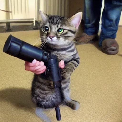 Image similar to realistic cute cat holding a giant minigun