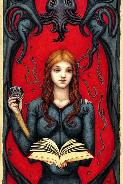 Image similar to raphael illustration of romantic girl, her cat and her book of necronomicon, symmetrical, cinematic, sharp focus, 4 k, ultra hd, sense of awe, sinister demonic atmosphere, dreadful, forbidden knowledge, old gods, cthulhu, yog - sothoth! yah, yah, yah! cultist journal cover