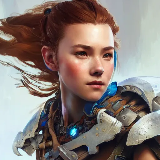 Image similar to Aloy from Horizon: Zero Dawn, half body portrait, videogame cover art, highly detailed, digital painting, artstation, concept art, smooth, detailed armor, sharp focus, beautiful face, illustration, art by Artgerm and greg rutkowski and alphonse mucha