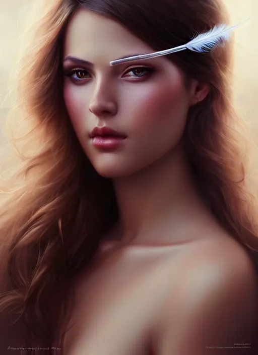 Image similar to a gorgeous female photo, professionally retouched, soft lighting, wearing a feather dress, realistic, smooth face, perfect eyes, wide angle, sharp focus on eyes, 8 k high definition, insanely detailed, intricate, elegant, art by artgerm and greg rutkowski