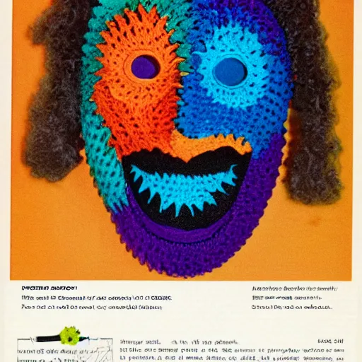Prompt: multicolored crocheted halloween mask, 1 9 8 0 s catalogue photo
