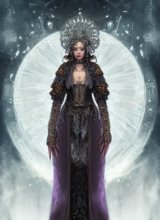 Prompt: a highly detailed character portrait of a female mage radiating dark power, ornate silver robes, intricate, digital painting, artstation, intricate, concept art, smooth, sharp focus, illustration, deep vibrant colors