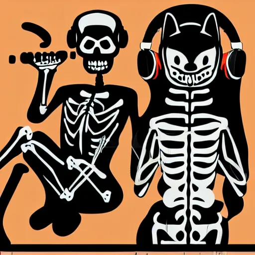 Image similar to skeleton wearing headphones watching girl playing guitar with her black cat, vector art