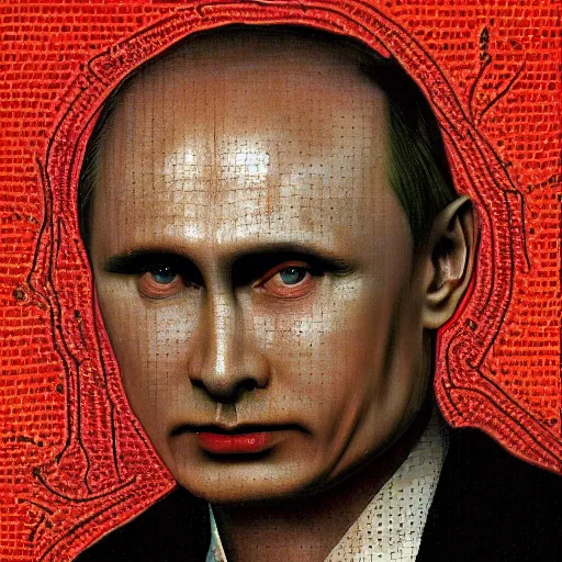 Image similar to vlad putin became stupid imbecile retard degenerate photo - realistic, color image, hyper realistic, 2 k, highly detailed, occult art, by giger, fractal structure