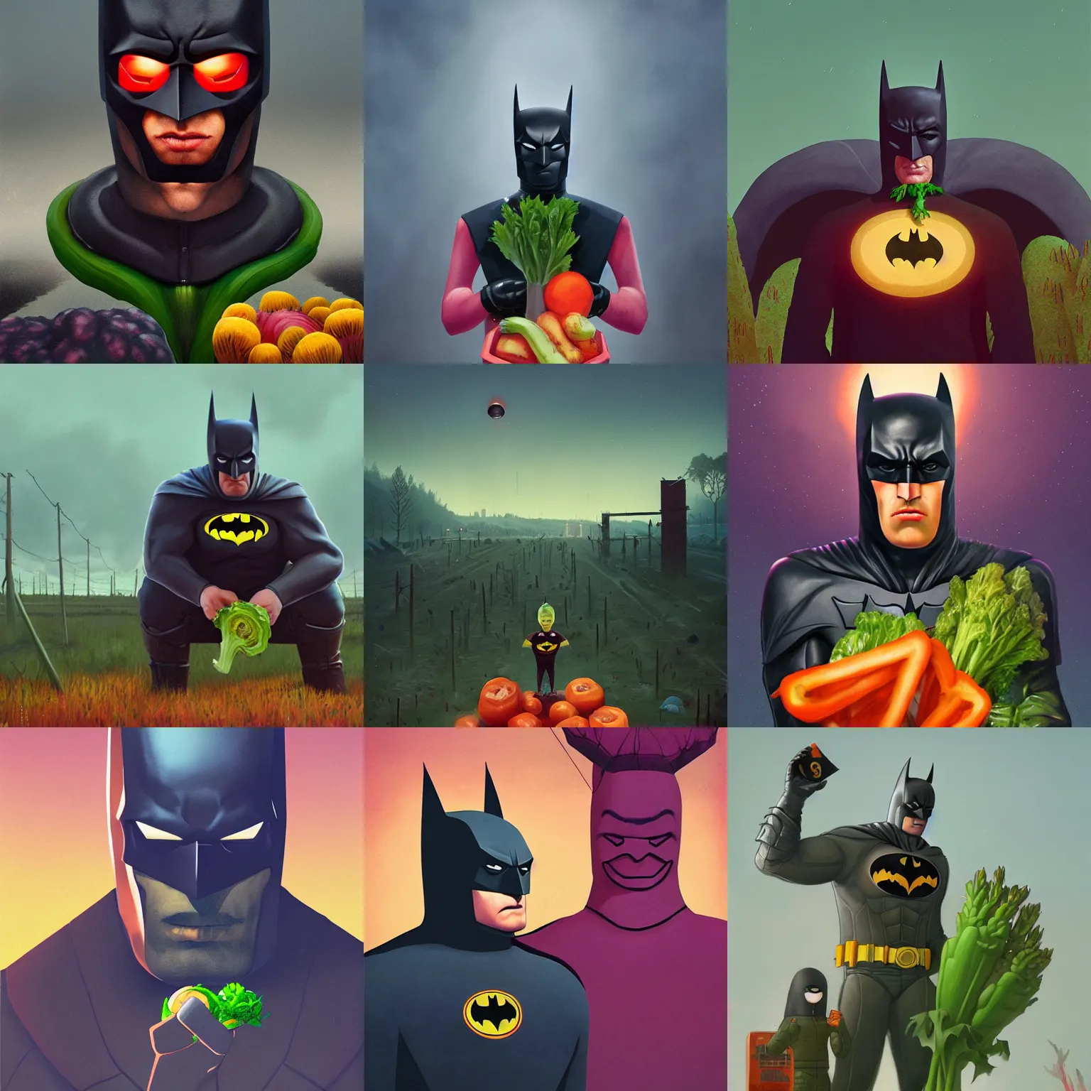 Prompt: A stunning portrait of Batman eating giant vegetable, by Simon Stalenhag, Trending on Artstation, 8K