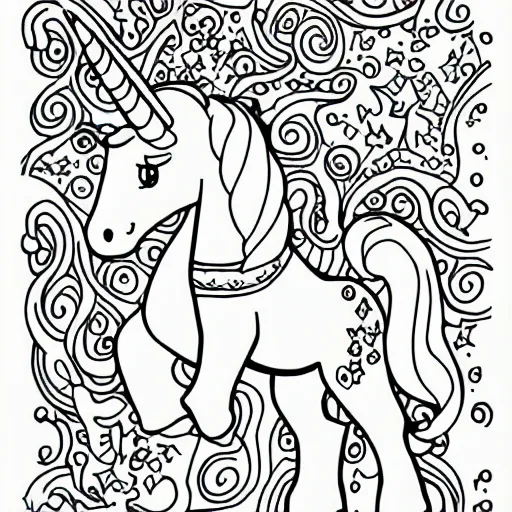 Prompt: full body unicorn, simple, children's coloring book, black and white