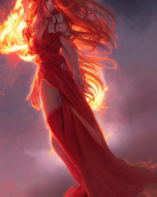 Prompt: red eyed beautiful long haired anime girl, fire dress, full body photo, flames everywhere, highly detailed, digital painting, artstation, concept art, smooth, sharp focus, illustration, art by artgerm and greg rutkowski and alphonse mucha