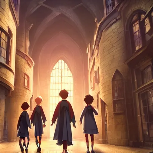 Image similar to a wholesome animation key shot of harry potter students, medium shot, studio pixar and disney animation, sharp, very detailed, high resolution, rendered in unreal engine 5, anime key art by greg rutkowski, bloom, dramatic lighting