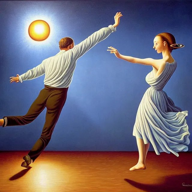 Image similar to an oil on canvas portrait of a couple dancing and the sun is shining through the window, surrealism, surrealist, lovecraftian, cosmic horror, rob gonsalves, high detail