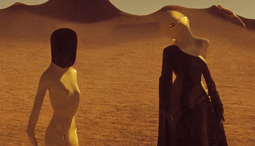 Image similar to glowing bene gesserit in full - face golden glowing mask meet salvador dali in a black rocky desert landscape with alienabandoned city beneath the sand and giant alien spaceship in the sky attacks the earth by christopher doyle and alejandro jodorowsky, anamorphic lens, kodakchrome, cinematic composition, very detailed photo, 8 k,