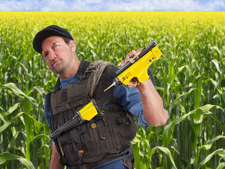 Prompt: ultra realistic high detail patriot holding a yellow nailgun in a corn field, fbi in distant background