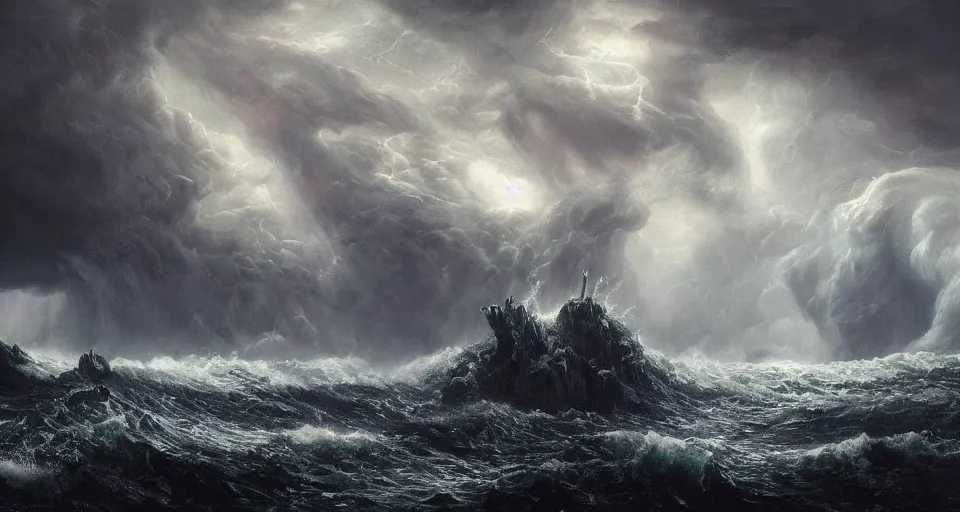 Image similar to lovecraftian eldritch call of cthulhu on a snowy island surrounded by raging stormy seas by eugene von guerard, ivan shishkin, night, red lightning!!, storm!, dramatic lighting, concept art, trending on artstation, 8 k