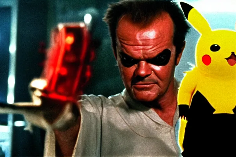 Image similar to Jack Nicholson in costume of Pikachu Terminator scene where his endoskeleton gets exposed and his eye glow red still from the film