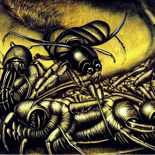 Image similar to bumblebees attacking sleeping people in hell, art by bosch and h. r. giger, highly detailed, masterpiece