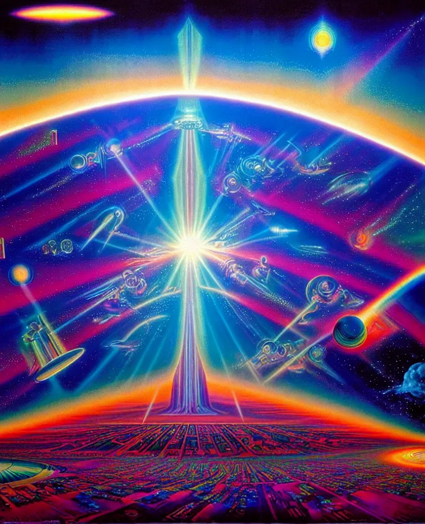 Prompt: a beautiful colorful iridescent holographic future for humanity, spiritual science, divinity, utopian, heaven on earth by david a. hardy, wpa, public works mural, socialist