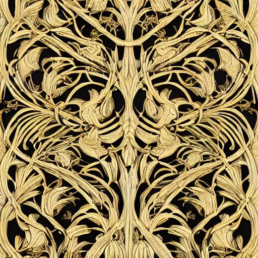 Prompt: a beautiful pattern made of ivory and gold, highly intricate, digital art, very detailed, in the style of a weird and dark eerie liminal art nouveau flemish painting, 8k,