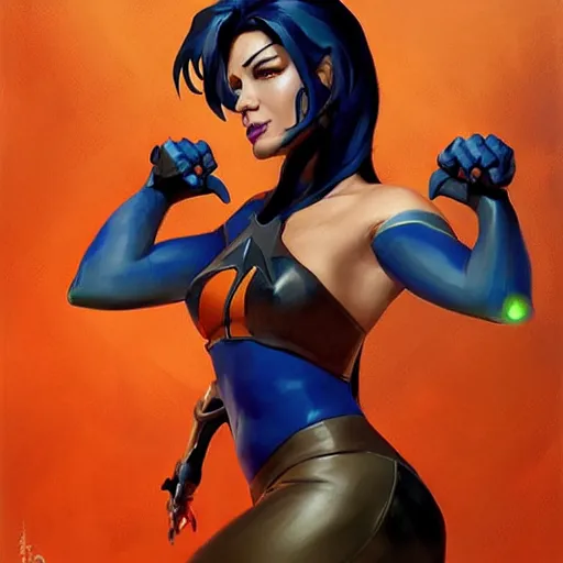 Prompt: greg manchess portrait painting of raven darkholme alias mystique as overwatch character, medium shot, asymmetrical, profile picture, organic painting, sunny day, matte painting, bold shapes, hard edges, street art, trending on artstation, by huang guangjian and gil elvgren and sachin teng