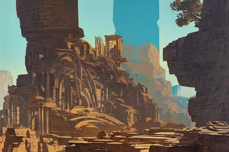 Image similar to an architectural painting of the ruins of an archaic city of ancient persia looming above a canyon by syd mead and and james gilleard in the style of hugh ferriss, ancient persian architrcture by hugh ferriss