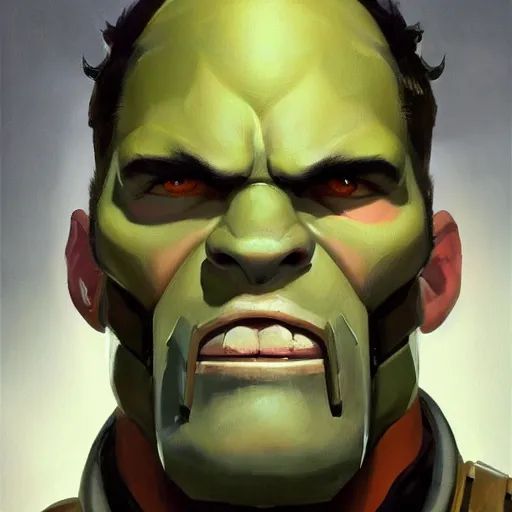 Prompt: greg manchess close - up portrait painting of a handsome male dieselpunk orc with olive green skin as an overwatch character, medium shot, asymmetrical, profile picture, organic painting, sunny day, matte painting, bold shapes, hard edges, street art, trending on artstation, by huang guangjian and gil elvgren and sachin teng