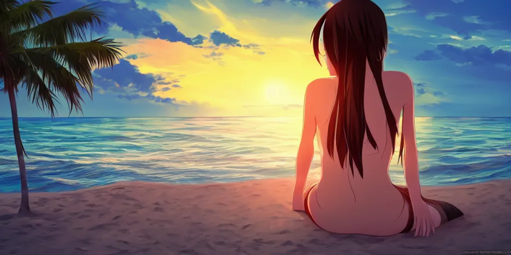 Prompt: an anime girl sitting on the shore, a beautiful beach, sunset. anime in the style of studio ghibl
