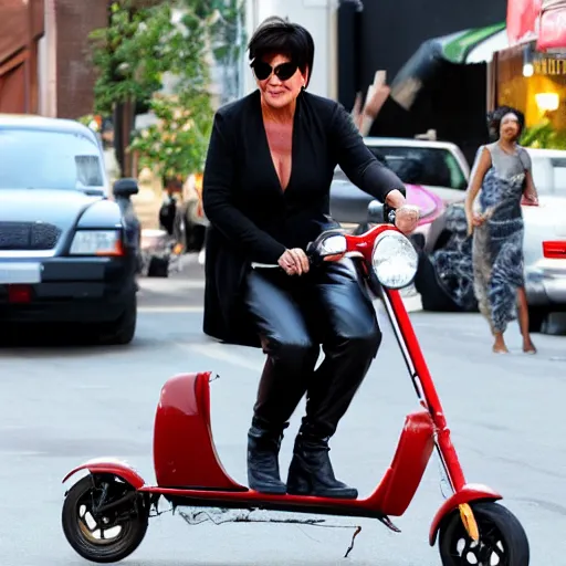 Prompt: kris jenner in bushwick riding a scooter with a cocktail
