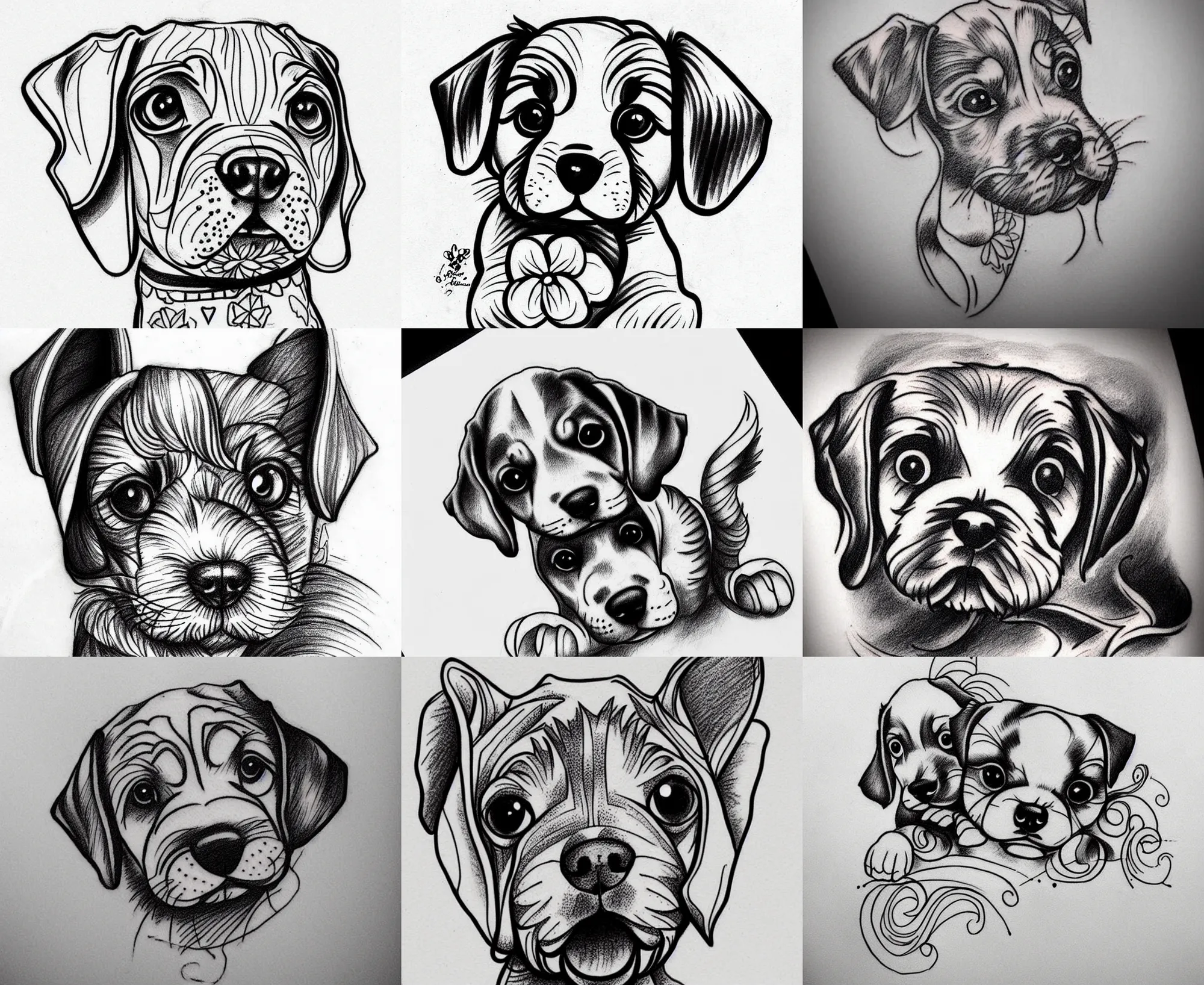 Image similar to Tattoo Design line sketch adorable Puppy, bold strong lines very highly aesthetic