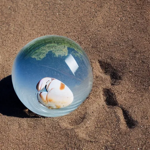 Image similar to a transparent sphere on a beach with a crab looking at it