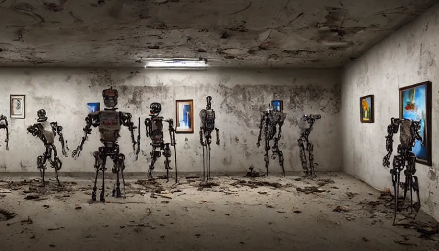 Image similar to abandoned art gallery, robots with articulated metal hands hold paintbrushes against photos of landscapes hung on the walls, dramatic lighting, 4 k