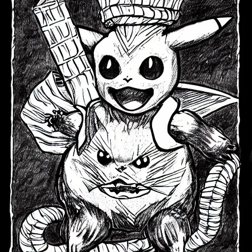 Prompt: pikachu as a D&D monster, full body, pen-and-ink illustration, etching, by Russ Nicholson, DAvid A Trampier, larry elmore, 1981, HQ scan, intricate details, Monster Manula, Fiend Folio