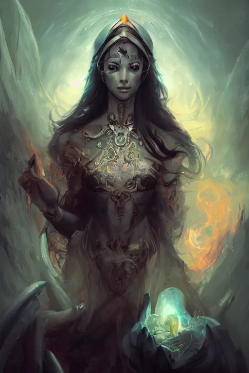 Image similar to face closeup beautiful girl necromancer full of sculls, wizard of the coast casting magic spell, angel and demons, heaven, magic storm and thunder clouds, scifi, fantasy, magic the gathering, hyper detailed, octane render, concept art, 3 d render, hyper realistic detailed portrait, peter mohrbacher