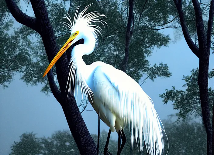 Prompt: an extremely detailed masterpiece photorealistic of a snowy egret in a bird sanctuary rookery, in the style of brian bolland, digital art, unreal engine, volumetric lighting, dark moody lighting, epic scene