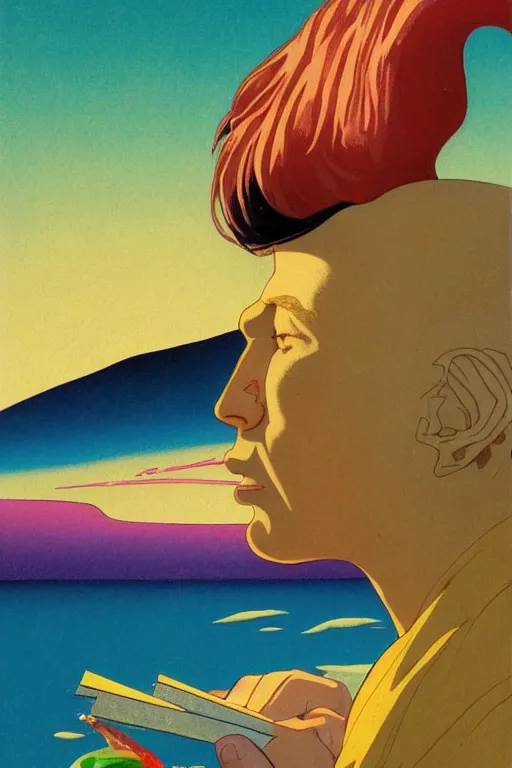 Prompt: a colorful closeup portrait of a young english explorer sucking a blotter paper of lsd acid and dreaming psychedelic hallucinations in the vast icy landscape of antarctica, by kawase hasui, moebius and edward hopper, colorful flat surreal design, hd, 8 k, artstation