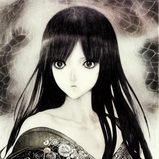 Image similar to yoshitaka amano blurred and dreamy illustration of an anime girl with black eyes, wavy white hair fluttering in the wind wearing elden ring armor with engraving, abstract black and white patterns in the background, noisy film grain effect, highly detailed, renaissance oil painting, weird portrait angle, blurred lost edges, three quarter view