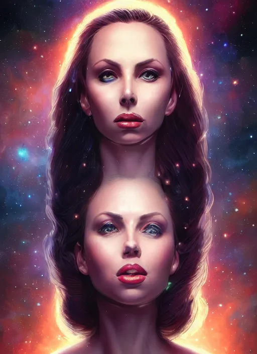 Image similar to beautiful portrait of gianna michaels, deep space background, by magali villeneuve and greg rutkowski and artgerm, intricate, elegant, highly detailed, photorealistic, trending on artstation, trending on cgsociety, 8 k, sharp focus