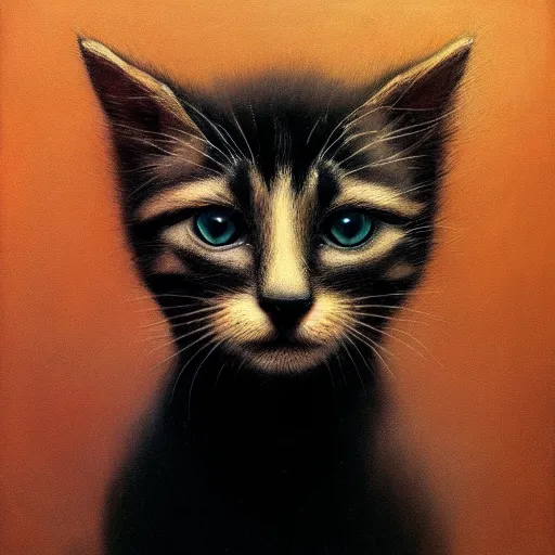 Image similar to a portrait of a kitten, anatomically correct, beautiful perfect face, enigmatic, oil painting, matte, black background, Volumetric dynamic lighting, Highly Detailed, Cinematic Lighting, Unreal Engine, 8k, HD, by Beksinski
