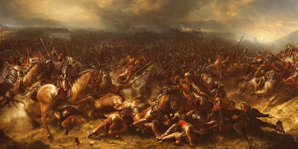 Image similar to Highly detailed and atmospheric Romantic-period oil painting of the battle of Pharsalus, dynamic lighting, 8K
